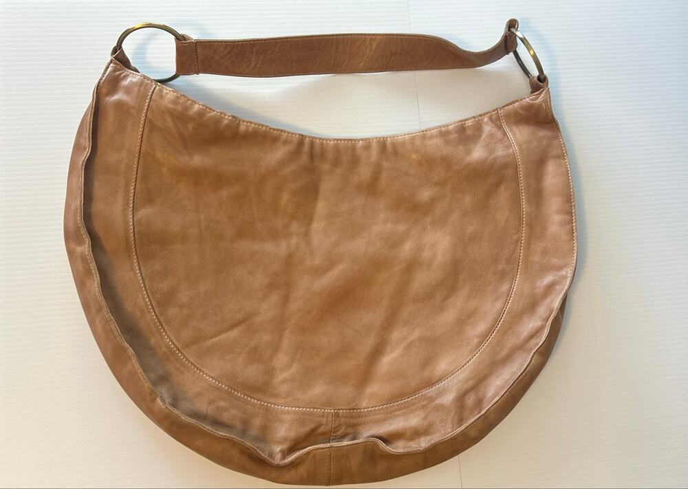 Anthropologie Caramel Leather Hobo Bag Large Cognac Brass Ring Shoulder Purse